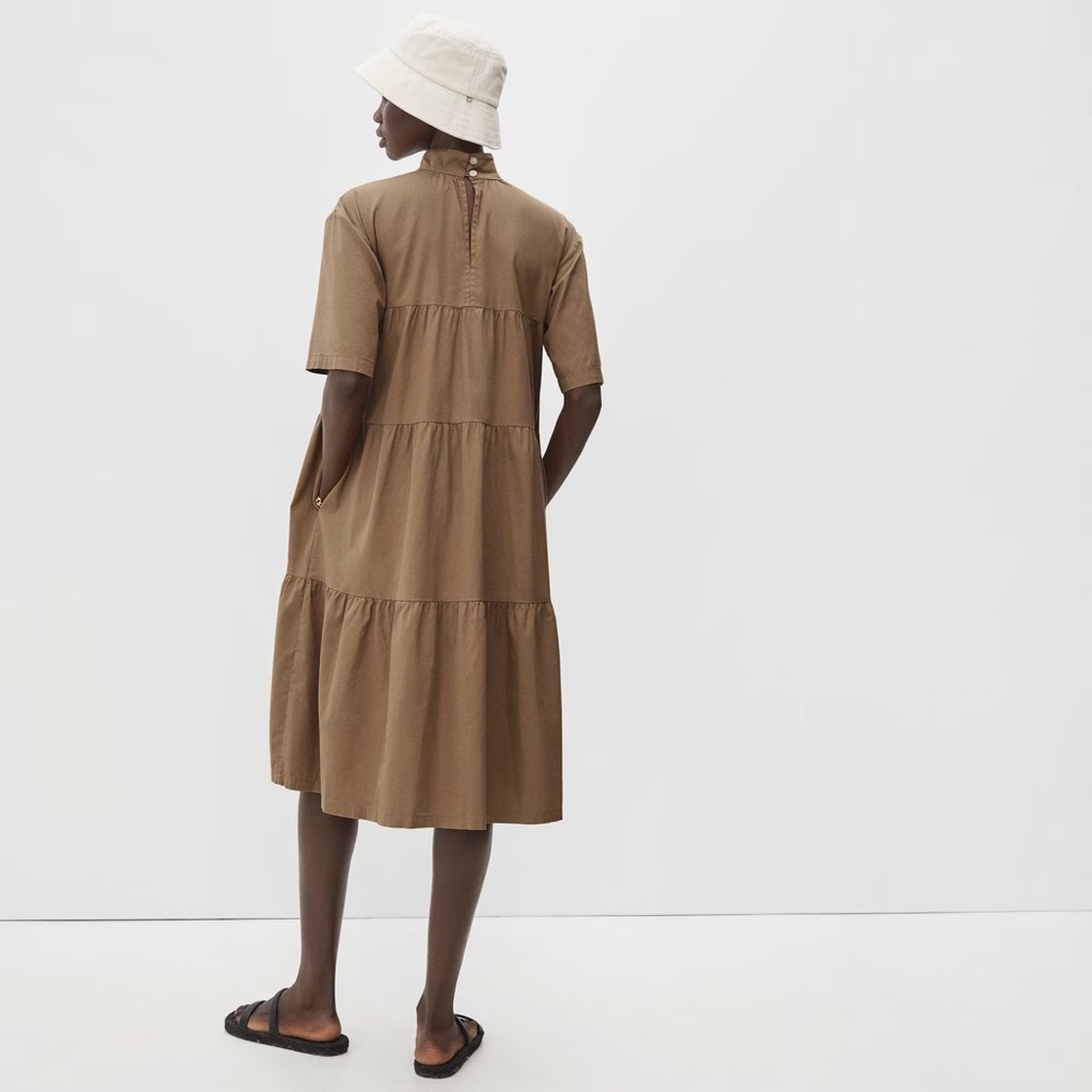 Everlane Cotton Mockneck Tiered Midi Dress. Tan. Size Small